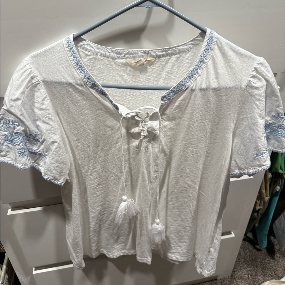Lucky Brand White Blouse with Blue Embroidery